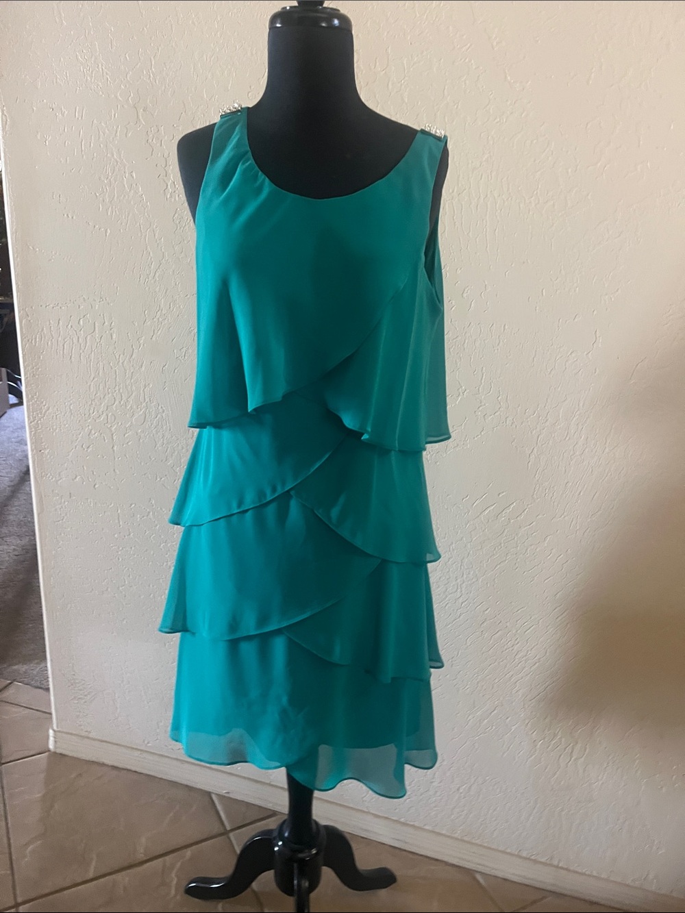 S.L. Fashions Teal Layered Chiffon Mini Dress